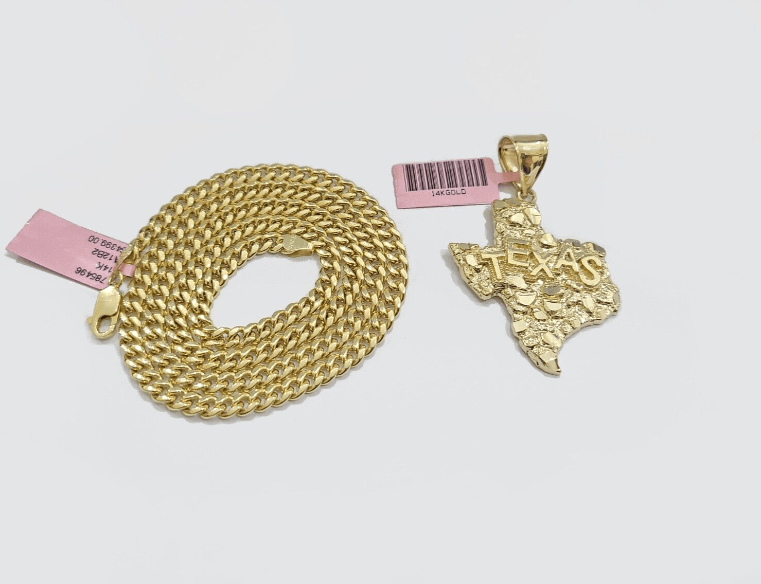 14k Yellow Gold Miami Cuban Chain 20 Inch Necklace Texas Map Charm Pendant Real - GoldenlinQ